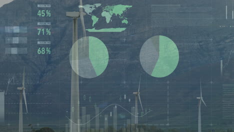 wind turbine being visualized in mountain valley, with transparent data chart overlays in 3d render