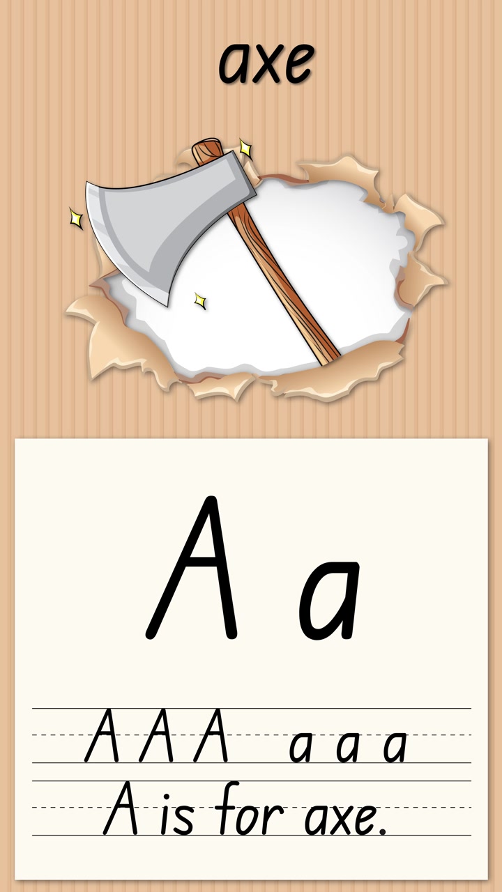 Animated educational video demonstrates writing the letter A and spelling axe on a vertical background