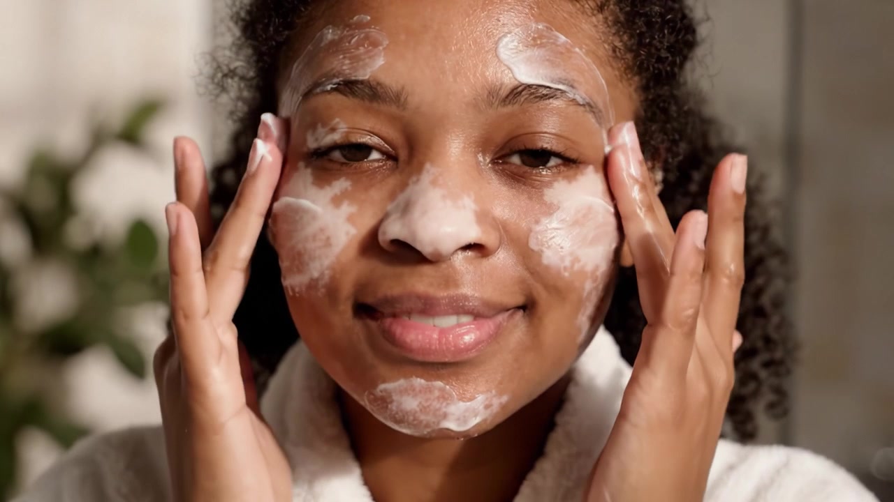 Rotina de Cuidados com a Pele: Uma Jovem Aplica Espuma de Limpeza Suave no Rosto em um Ambiente Doméstico Relaxante, Enfatizando a Importância do Autocuidado e do Bem-Estar