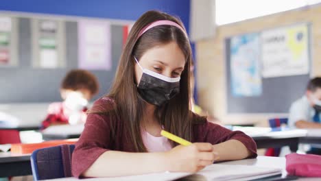 portrait of caucasian schoolgirl wearing face mask in classroom looking at camera