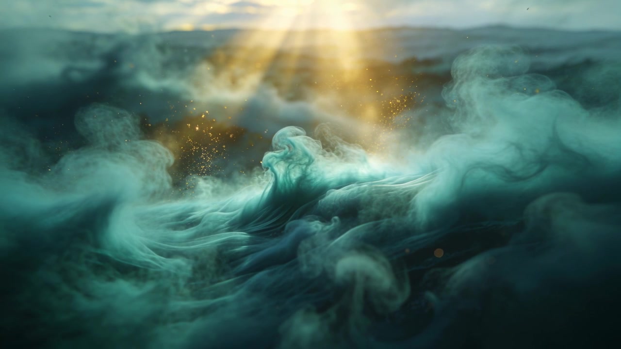 Pennacchi color verde acqua che si muovono e si gonfiano, avanzando vicino all'orizzonte, con i raggi solari che si intensificano e spargono scintille