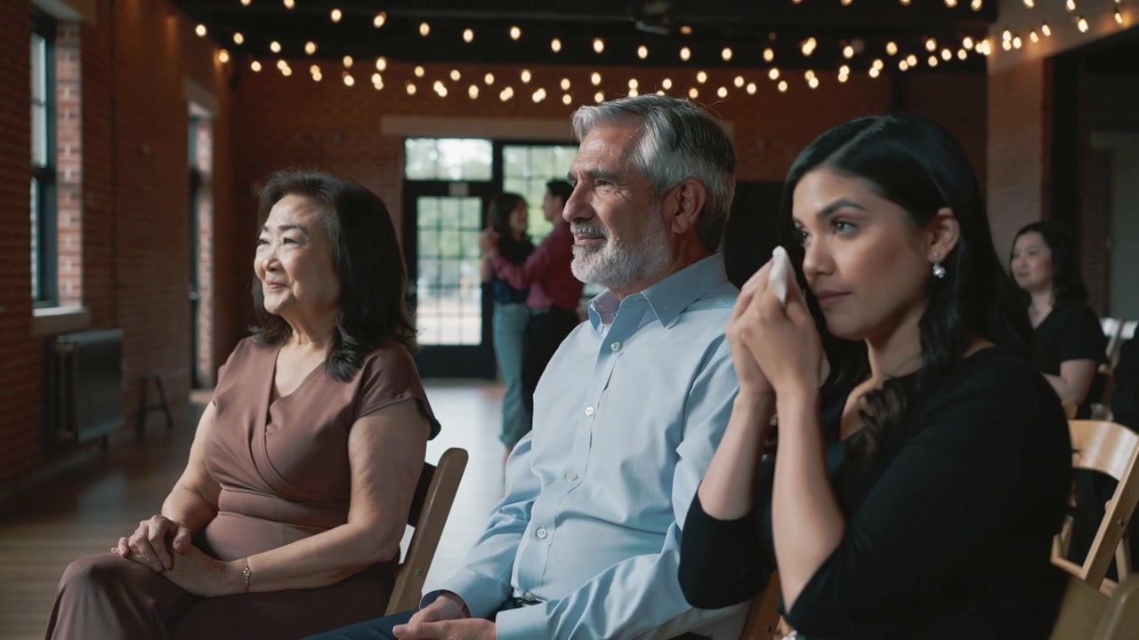 Reacting to offstage speech, woman in black dabbing then wiping tears with tissue at hall, chairs