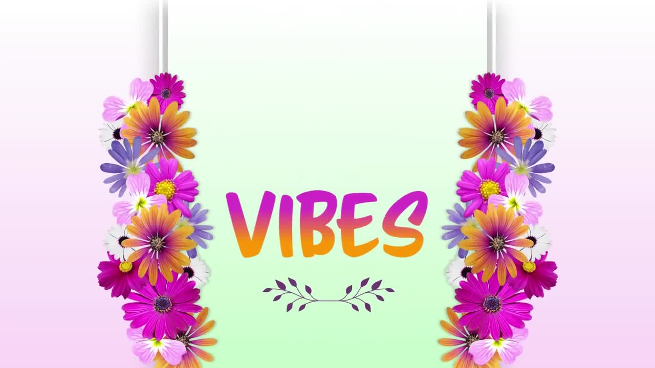 animación de vibraciones de texto con flores en un fondo colorido