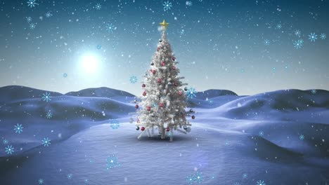 Snowflakes-icons-floating-and-snow-falling-over-christmas-tree-on-winter-landscape