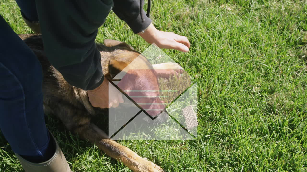Person petting dog on grass with transparent envelope animation overlay