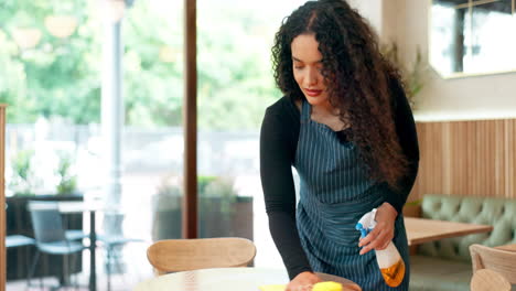 waitress woman, spray and cleaning table