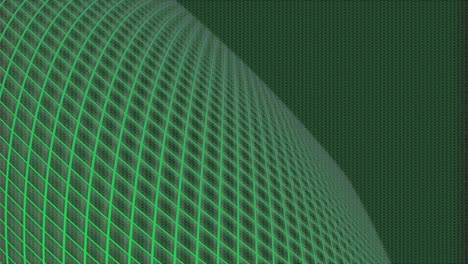 Spinning-green-yellow-mesh-shrinks-and-glows-from-even-split-around-sphere-on-dot-background