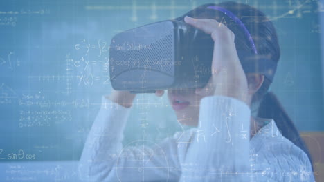 animation of mathematical equations over schoolgirl wearing vr headset