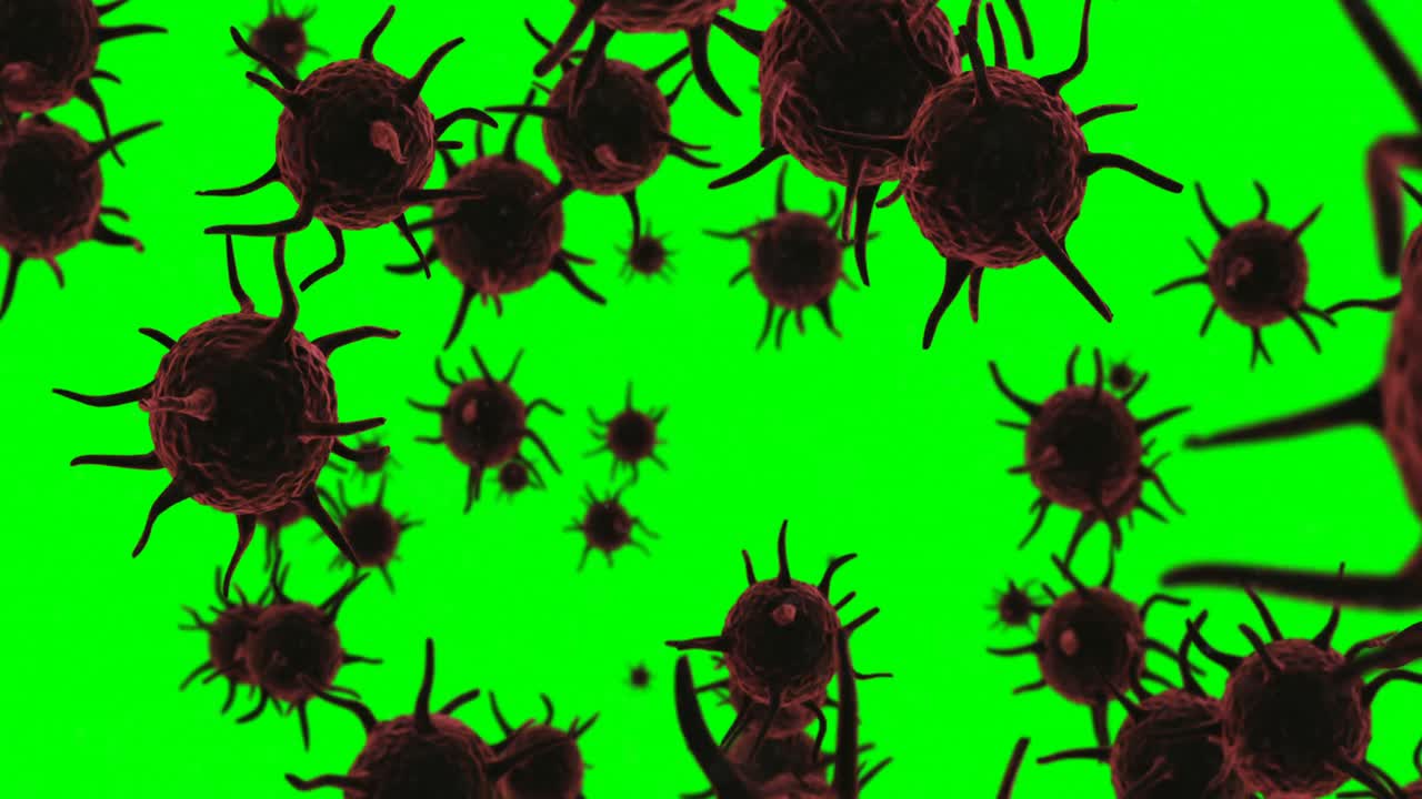 células de virus generadas digitalmente que fluyen contra un fondo verde