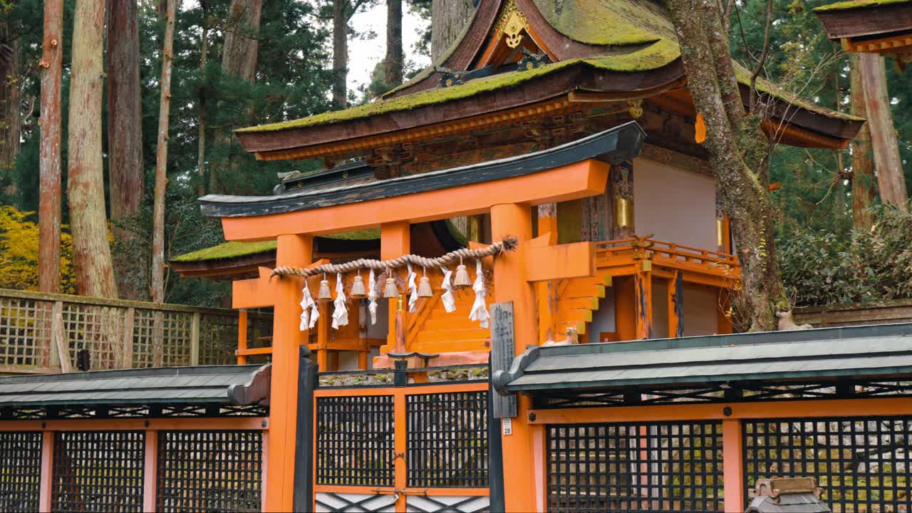 A cinematic shot of a majestic temple nestled in the serene landscape of Mount Koya (Koyasan), Japan.