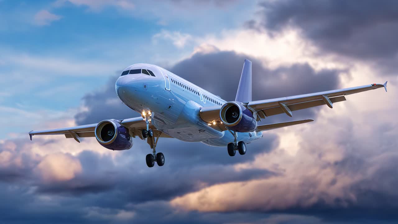 Un aereo si avvicina per l'atterraggio, mettendo in mostra la sua apertura alare e il design elegante sullo sfondo di nuvole mozzafiato e colori del cielo intensi durante il tramonto.
