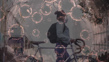 animation of macro coronavirus covid-19 cells spreading over a woman wearing a mask