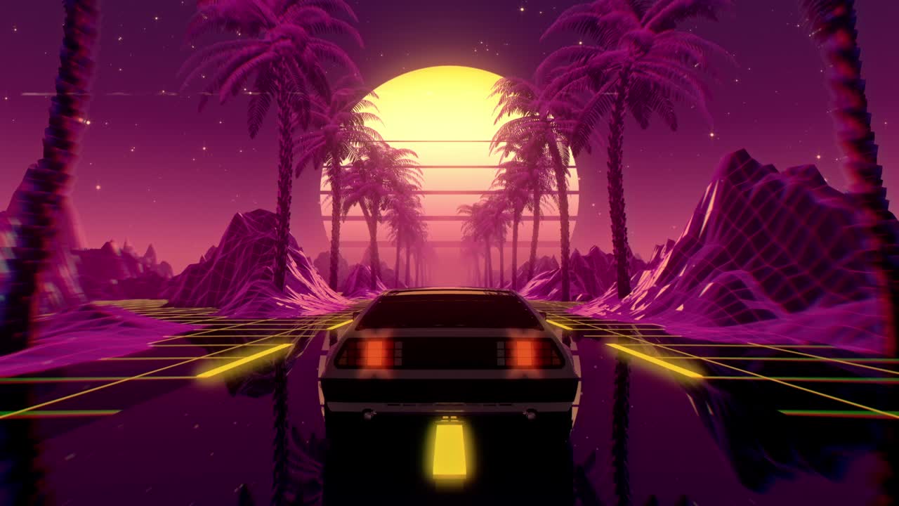 80년대 레트로 퓨처리즘 sf 시엄리스 루프: 빈티지 자동차와 함께 vj 풍경