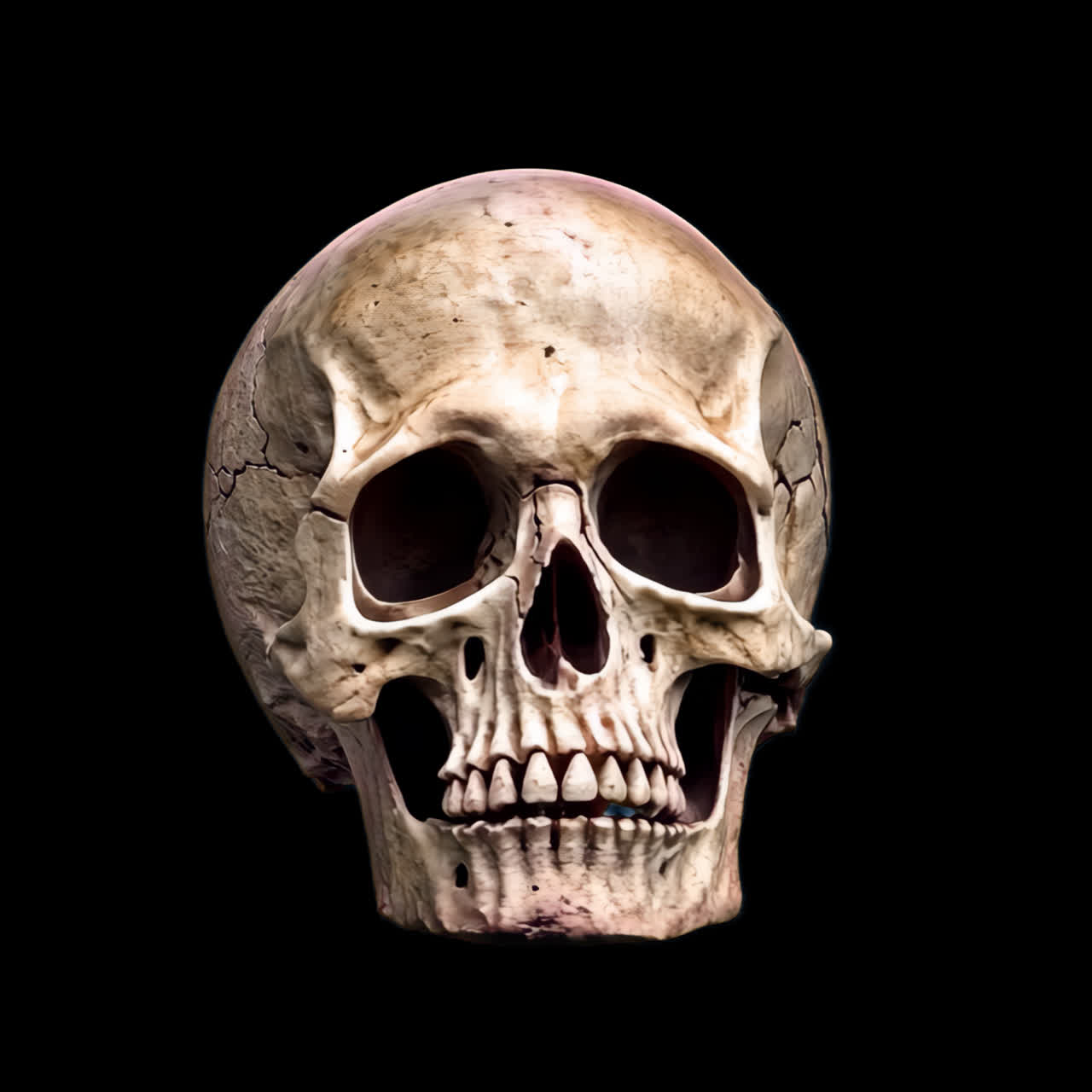 Realistic human skull art animation isolated asset, transparent 4K video, alpha channel, ProRes 4444