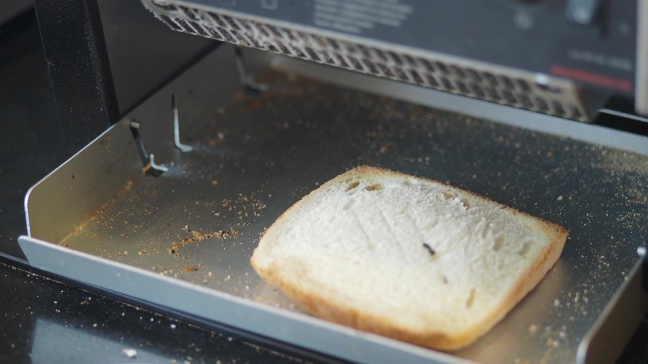 Slice of White Bread Falling into Toaster Crumb Tray