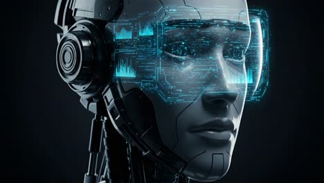 futuristic cybernetic head with augmented reality interface, showcasing advanced technology and artificial intelligence in a virtual environment