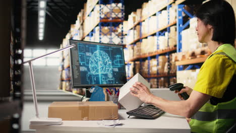 vertical video asian male worker using artificial intelligence brain to scan barcodes