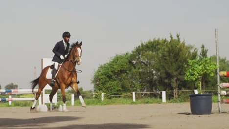 Hombre-Afroamericano-Saltando-Un-Obstáculo-Con-Su-Caballo-De-Doma