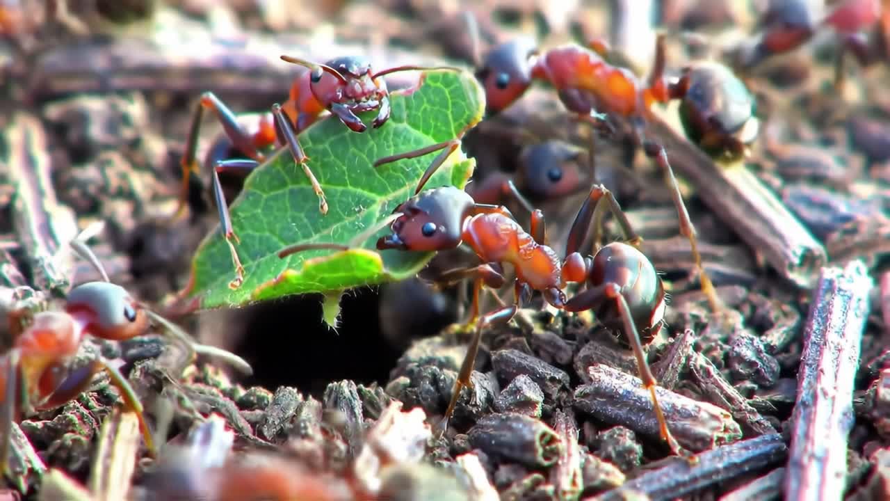 Close-up Exploration of Ants foraging on a Leaf, Highlighting Their Social Behavior and Working Dynamics Within the Natural Environment