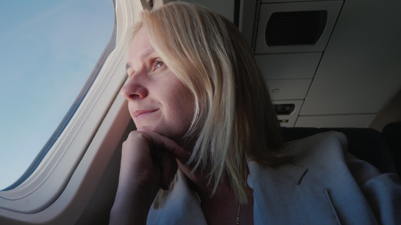 창밖을 내다보는 비행기를 타고 날아가는 자신감 있는 여성 승객의 초상화
