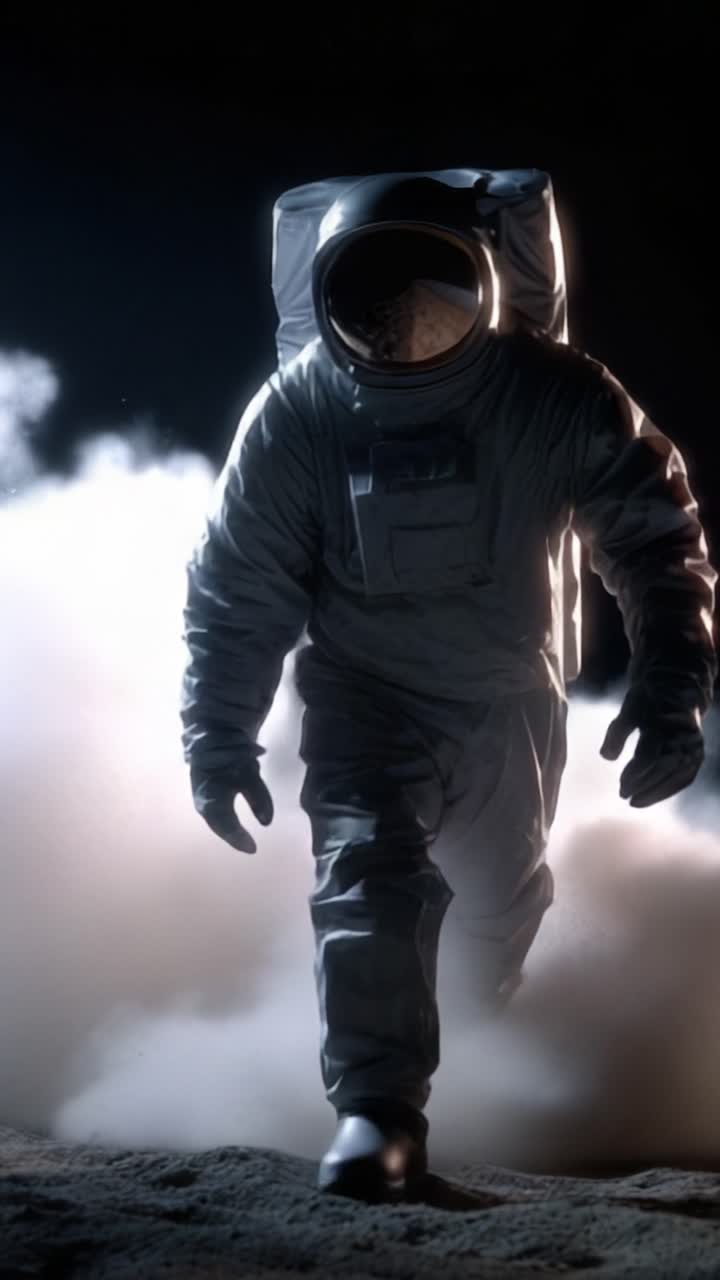 A lone astronaut strides through lunar-like terrain, surrounded by clouds of dust, showcasing the challenges and beauty of space exploration in a dramatic atmosphere