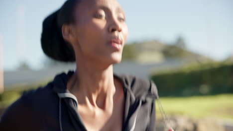 woman, running and breathing in outdoors