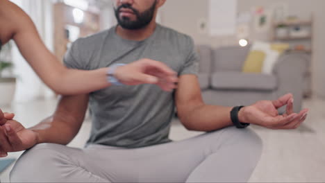 Yoga,-training-and-couple-hands-for-fitness