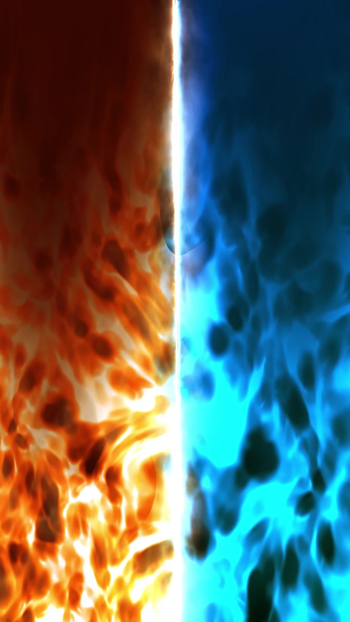 Cena de plasma laranja quente e azul frio com choque vertical brilhante, texturas esfumaçadas e contraste escuro.