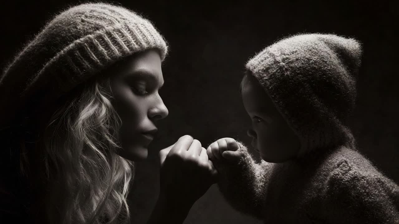 A touching moment between a mother and her child, captured in a striking black and white frame, showcasing their connection and love through a gentle fist bump gesture