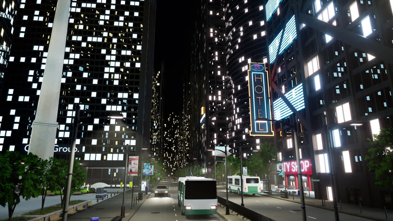 Virtual business district with buildings