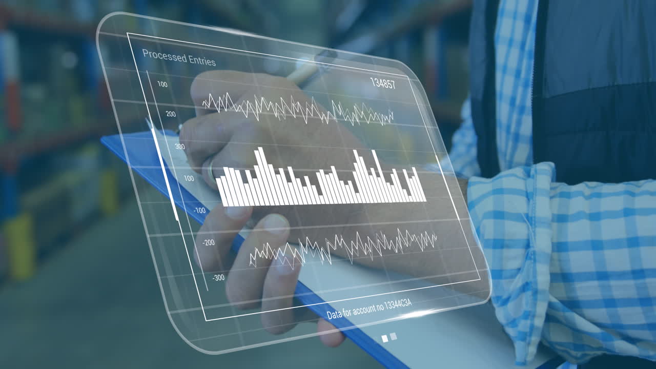 Animation of data processing on screen over caucasian man working in warehouse