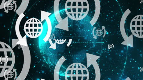 iconos de comunicación global sobre un globo azul digital que gira en el espacio.