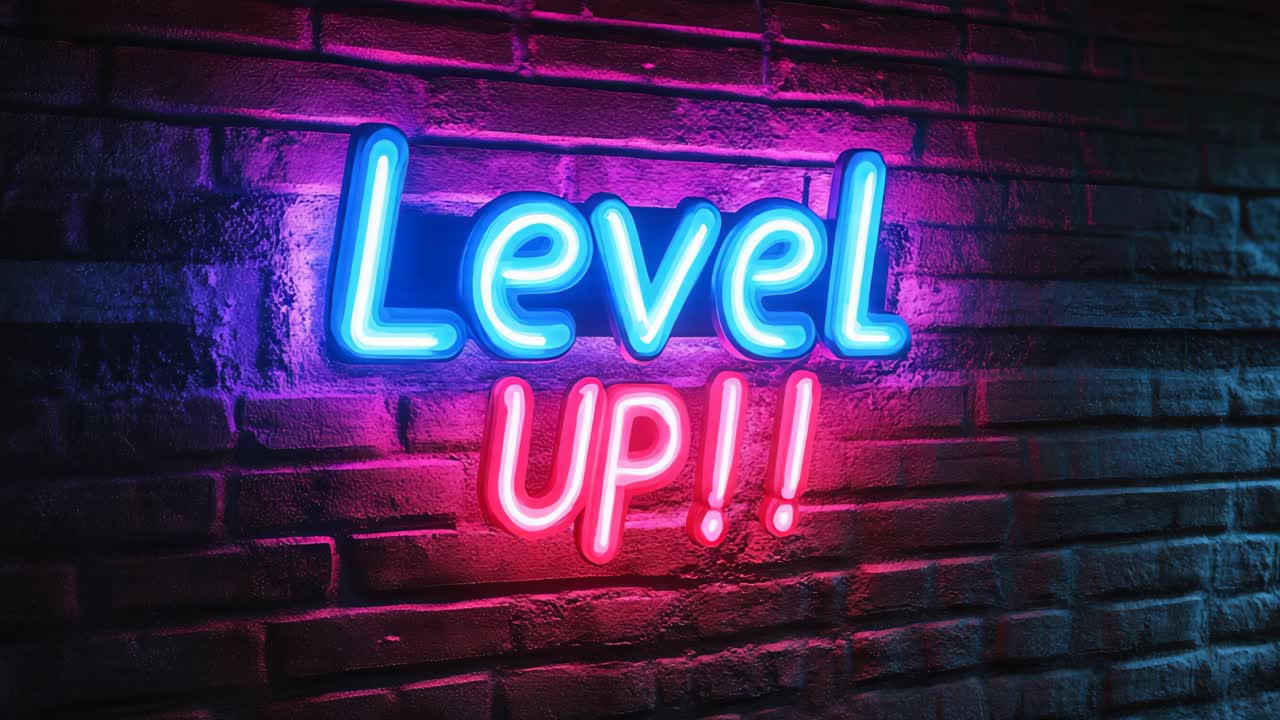 Neon Level Up Sign on Brick Wall