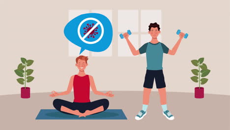 hombres practicando yoga y ejercicio en casa para el método de prevención de covid-19