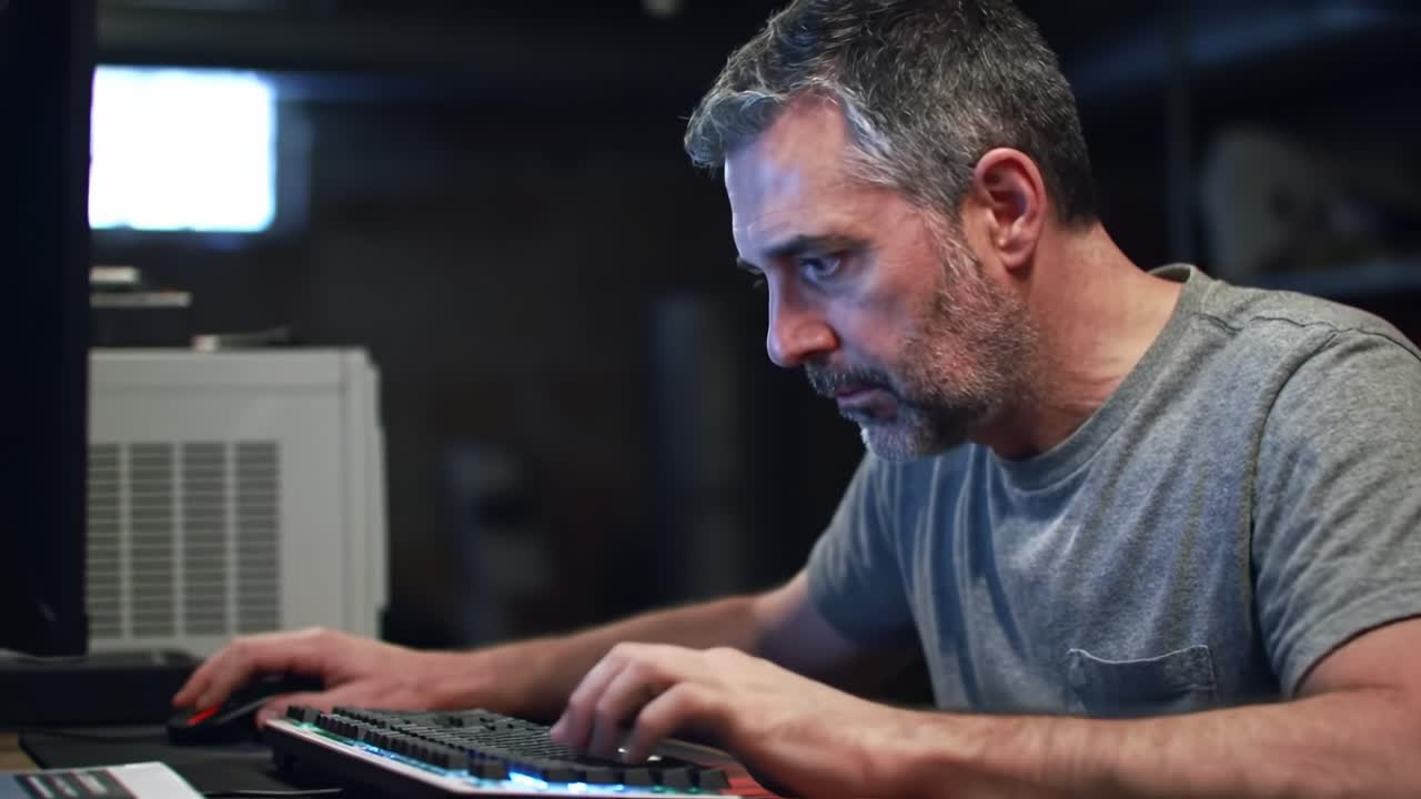 Intense Focus: A Man Engaged in Deep Concentration While Using a Computer Keyboard in a Dimly Lit Room, Capturing the Essence of Digital Engagement and Productivity