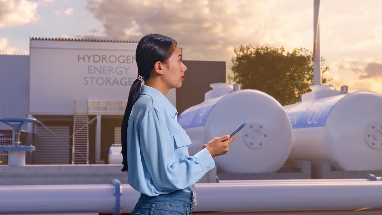 하이테크 산업 시설인 녹색 수소 공장에서 서있는 아시아 여성 직업 노동자의 측면 뷰.