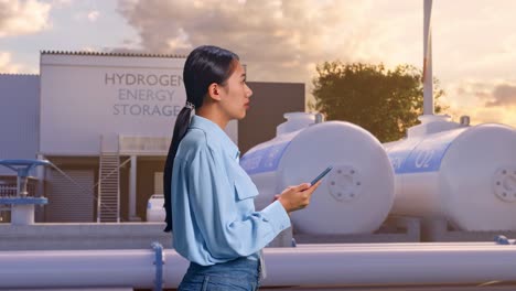vista lateral de una trabajadora profesional asiática de pie en una fábrica de hidrógeno verde, instalación industrial de alta tecnología, observa mirando hacia arriba luego se concentra en el teléfono y sigue comprobando
