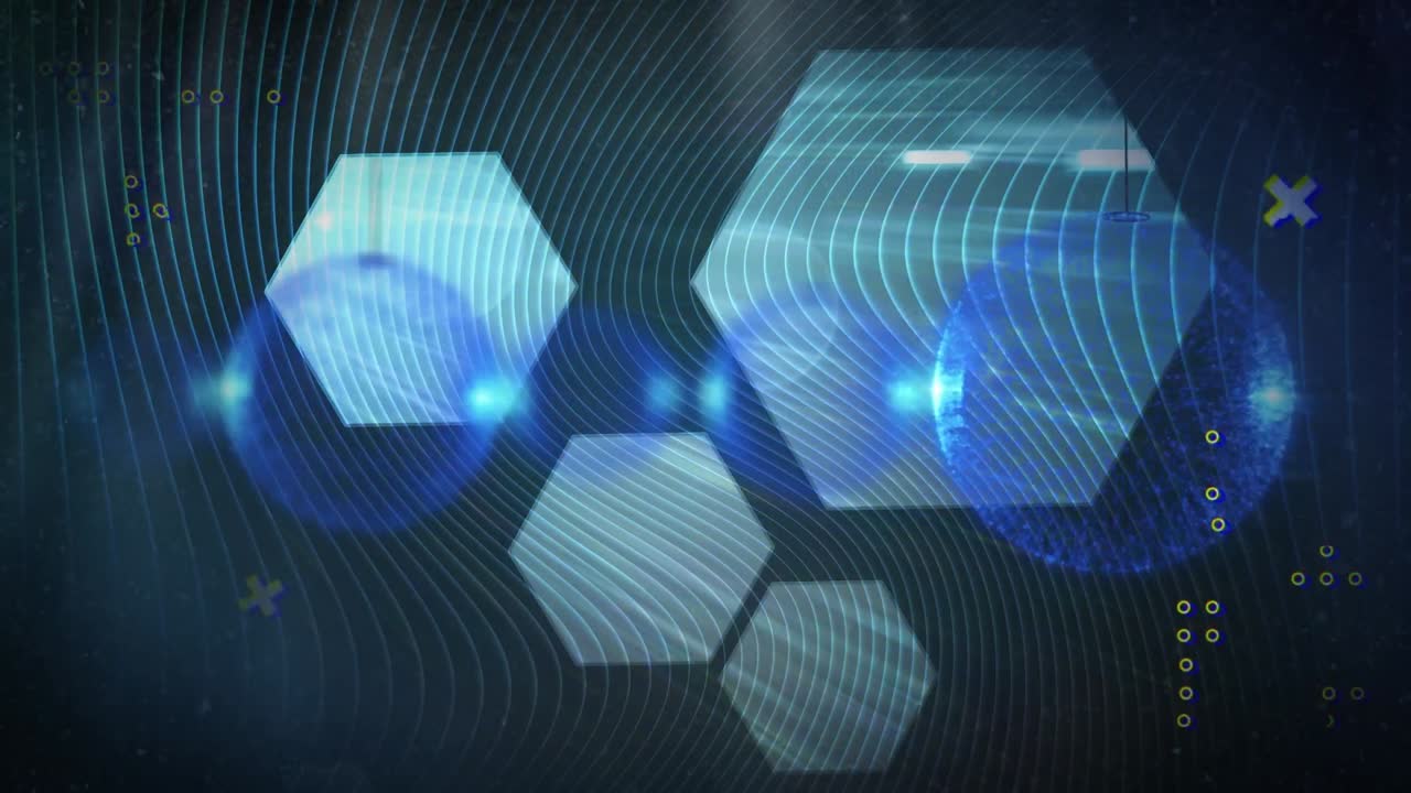 animación de burbujas, cruces y hexágonos sobre fondo marino