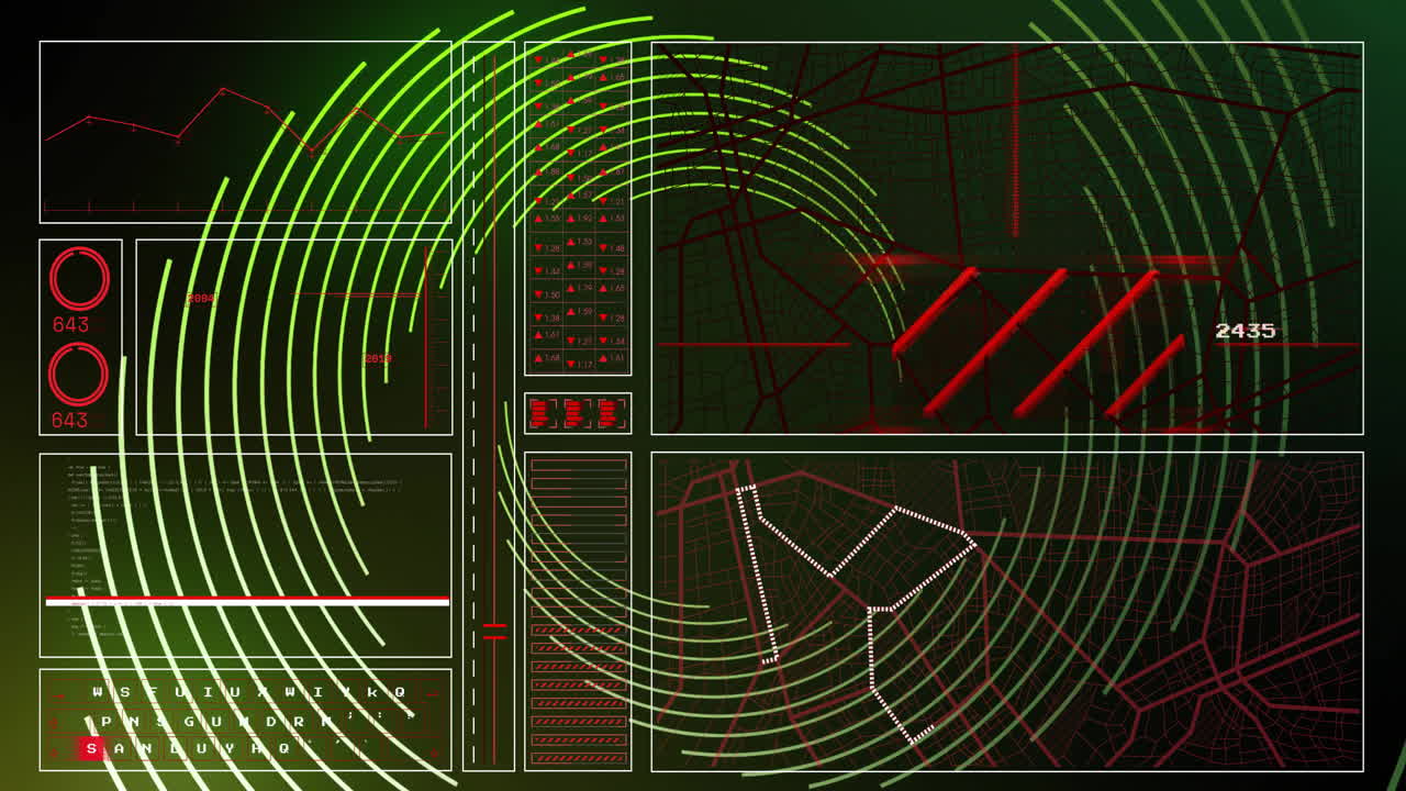 interfaz digital verde y roja con patrones circulares sobre la animación de procesamiento de datos