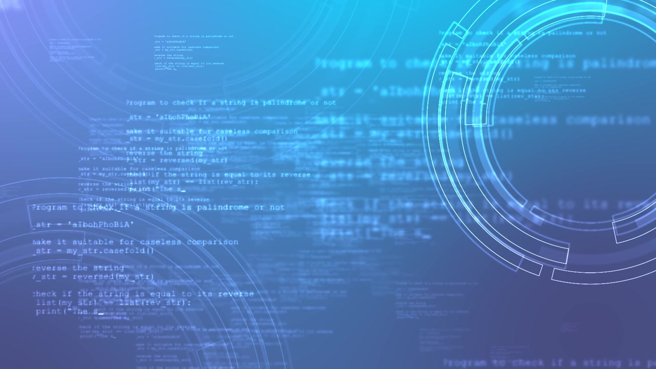 Light blue code hud background with circular interface rings programming text layers and soft