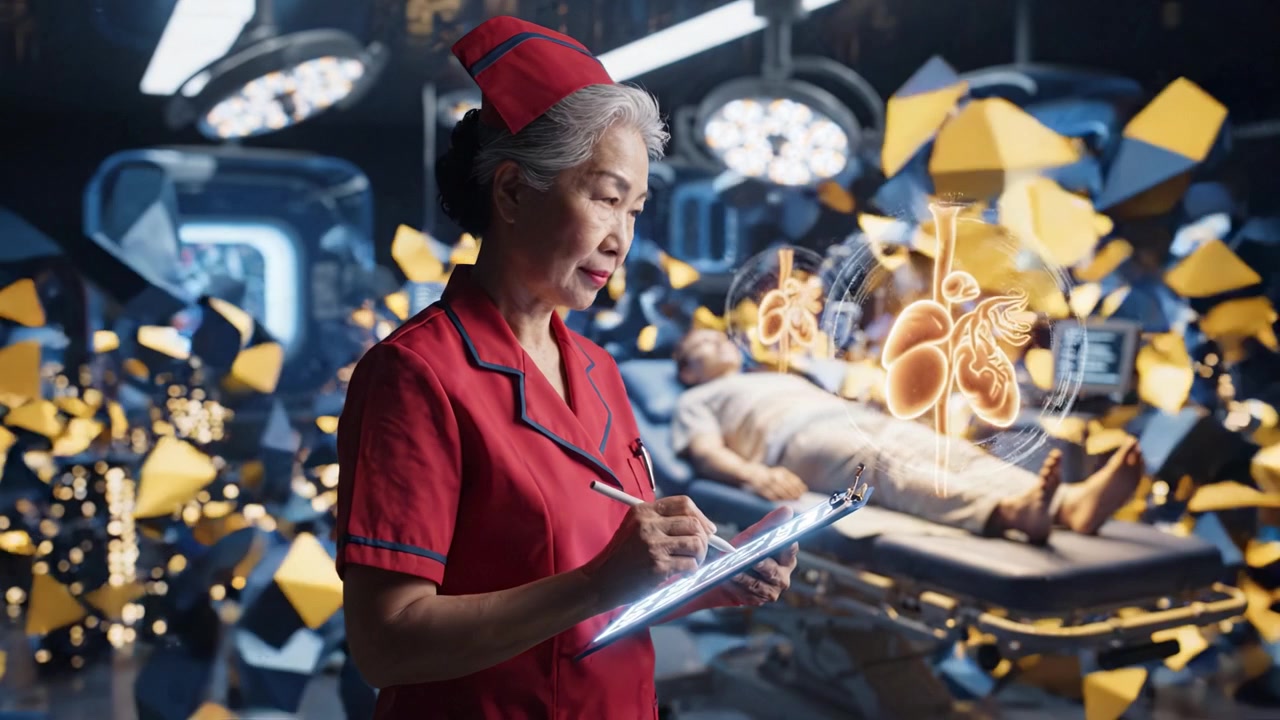 Un'Infermiera Dedicata Valuta la Salute del Paziente con Tecnologia Moderna, Registrando i Segni Vitali e Analizzando i Dati in un Ambiente Medico Futuristico