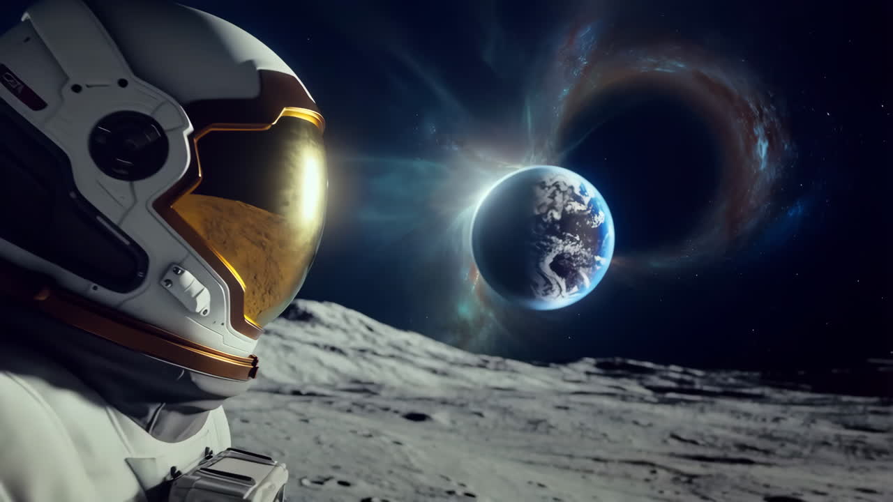 Astronaut på månen med udsigt over Jorden og et fjernt sort hul