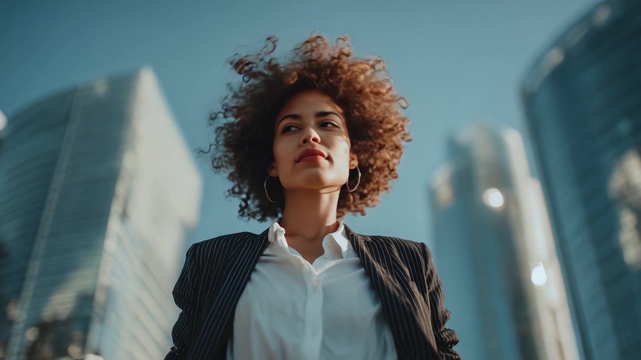 Zelfverzekerde zakenvrouw te midden van moderne wolkenkrabbers die empowerment en professionaliteit in een stedelijke omgeving laat zien