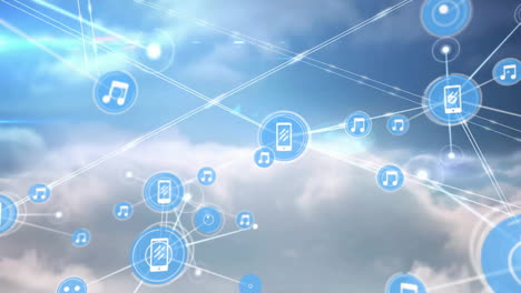 music and smartphone icons connected by lines, network animation over cloudy sky