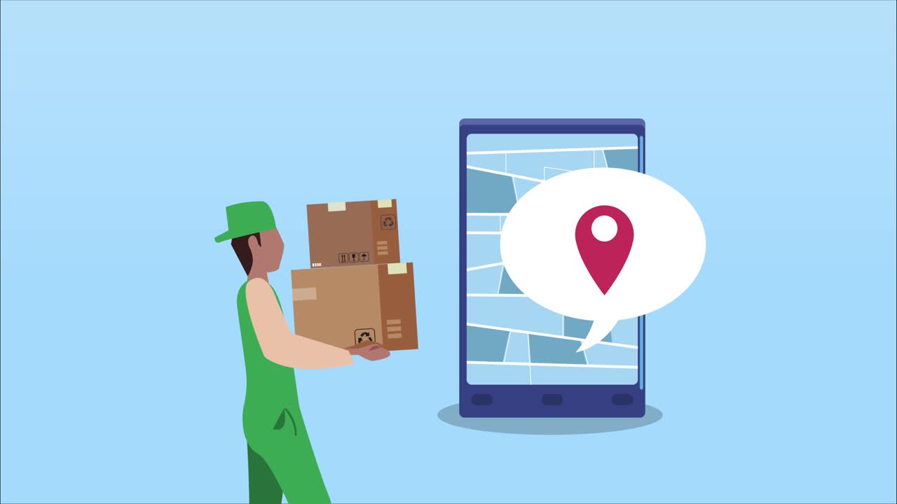animación de servicio logístico con trabajador levantando cajas de cartón y teléfono inteligente