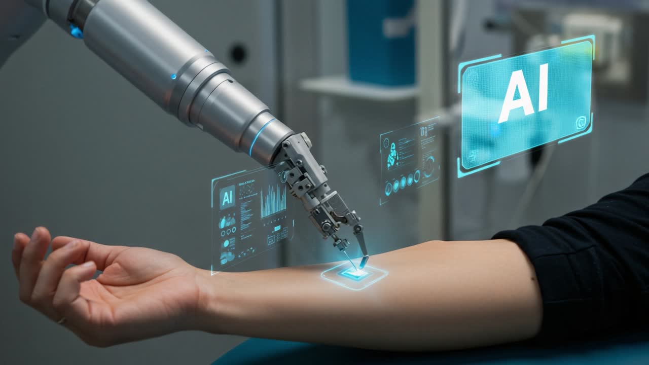 Futuristic Robotic Arm Engaging with Human Skin: A Glimpse into Advanced AI Technology in Medical Applications and Human Interaction