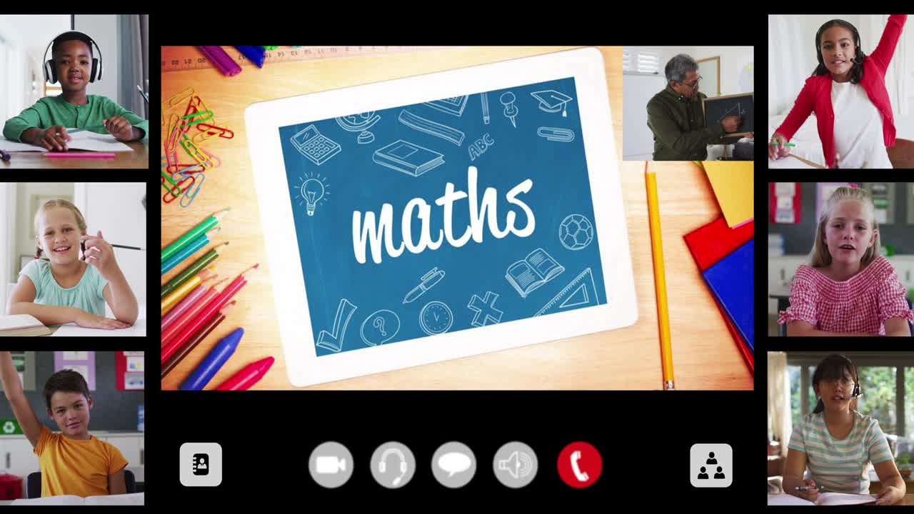 animación de la pantalla de interfaz con texto, matemáticas, profesor y seis niños diversos en la lección en línea