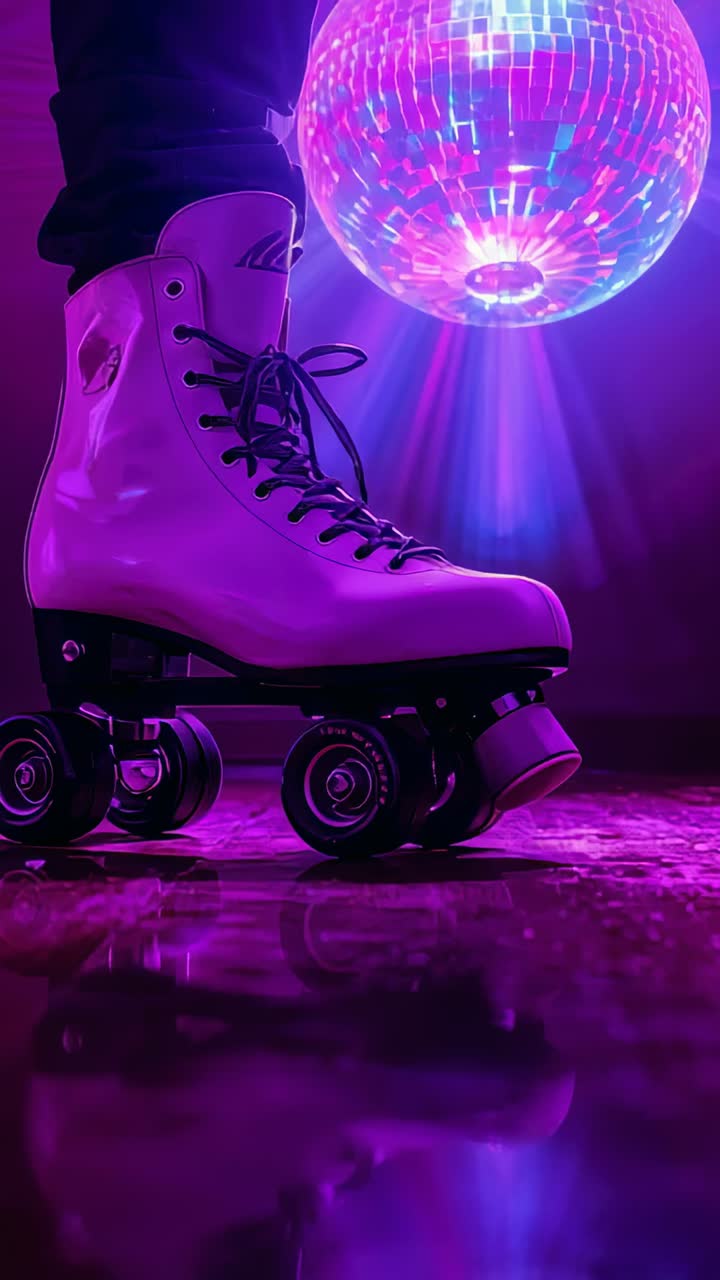 Vertical video: Tilting white quad skate rocking on floor as disco ball casting light, dark pants