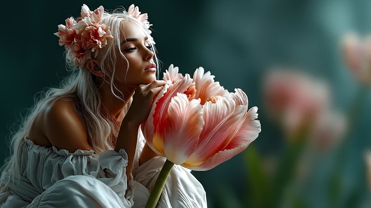 A woman in a white dress holding a pink tulip in her hand