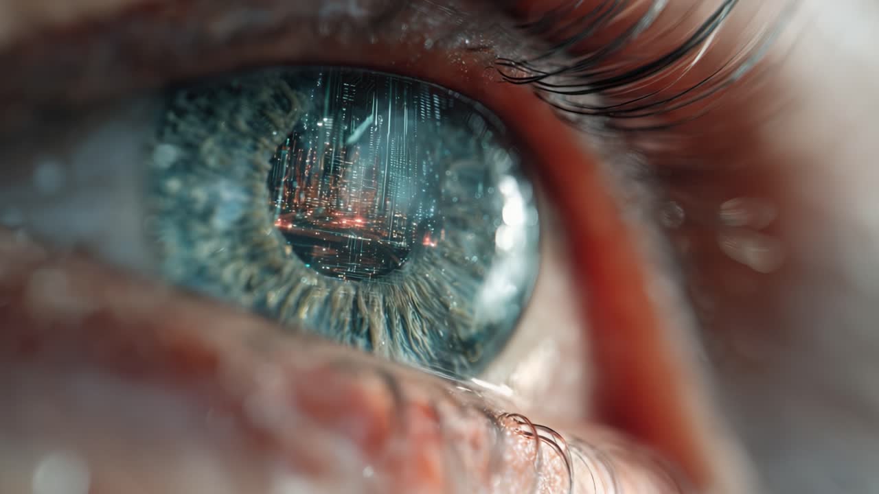 A Close-Up Vision: The Intricate Landscape Reflected in an Eye, Merging Human Perception with a Futuristic Cityscape of Light and Color